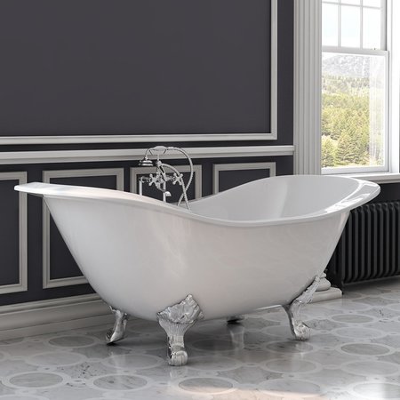 CAMBRIDGE PLUMBING Cast iron double slipper soaking tub w/lion’s paw feet and deck mnt  faucet 463D Polished Chrome 72" DES-463D-6-PKG-CP-7DH